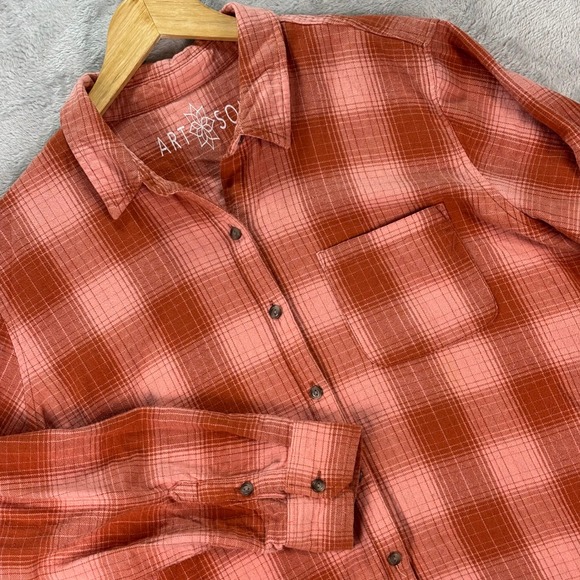 Western Jolene Graphic Shacket Rust Plaid Oversized Button Up Shirt Women's L - Picture 1 of 10
